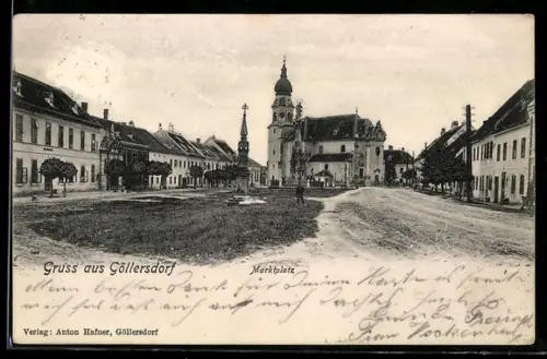 AK Göllersdorf, Marktplatz mit Kirche und Säule