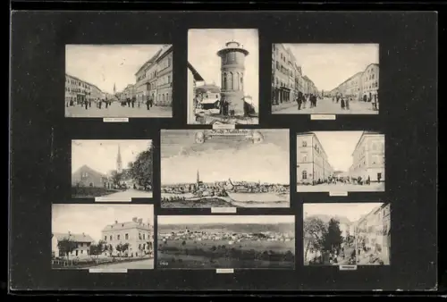 AK Mattighofen, Unterer Marktplatz, Bahnhof-Restaurant und Poststrasse