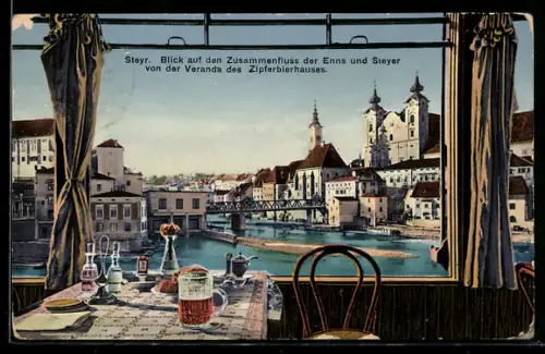 AK Steyr, Zusammenfluss von Enns und Steyr, Veranda des Zipferbierhauses