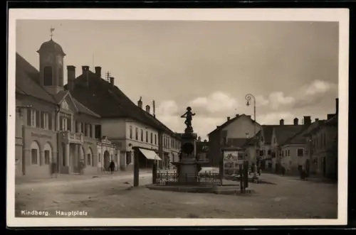 AK Kindberg, Hauptplatz mit Brunnen und Häuserzeile