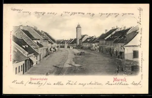 AK Mureck, Bismarckplatz mit Turm und Häuserzeile