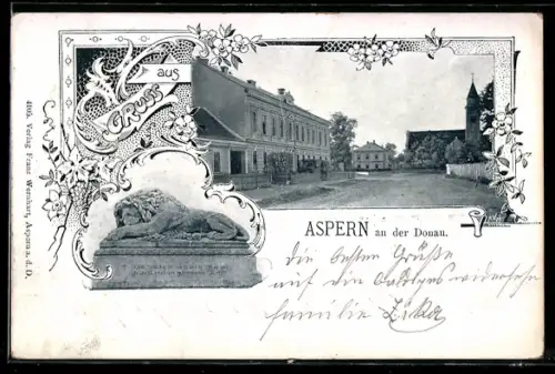 AK Aspern an der Donau, Platz mit Kirche und Löwen-Denkmal