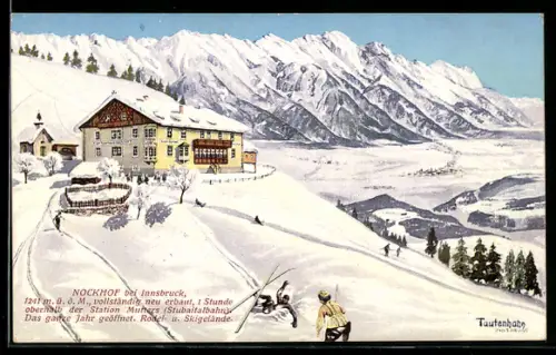 Künstler-AK Innsbruck, Gasthaus Nockhof mit Winterpanorama, Rodel- und Skigelände
