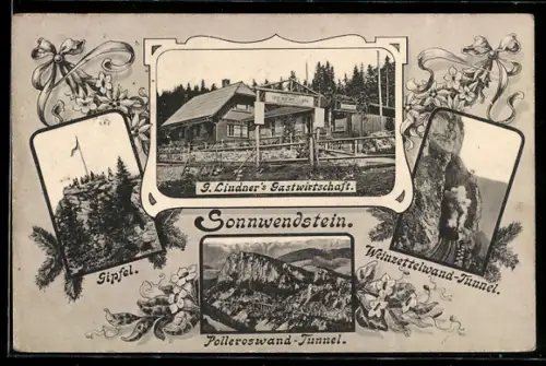 AK Schottwien, Sonnwendstein, G. Lindners Gasthaus, Gipfel, Polleroswand-Tunnel