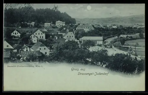 Mondschein-AK Judendorf-Strassengel, Panorama mit Kirche und Bahnlinie