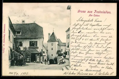 AK Frohnleiten am Tabor, Partie mit Durchgangsturm und Tabaktrafik