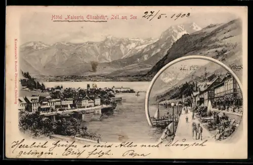 AK Zell am See, Hotel Kaiserin Elisabeth, Seepanorama mit Promenade