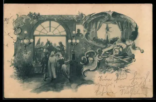 AK Szene vor einem Faschingsfest, Harlekinmaske