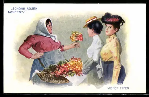 AK Wien, Frau verkauft Rosen an zwei feine Damen