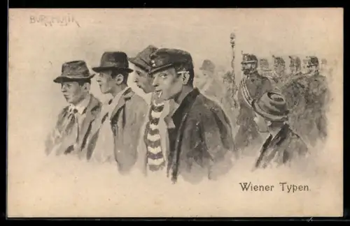AK Wien, Männergruppe mit Zigaretten vor Soldaten in Uniform