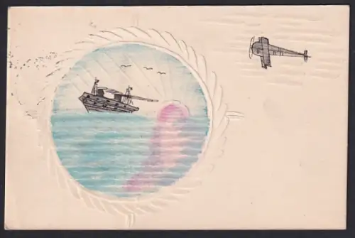 Papierkunst-AK Dampfschiff auf dem Meer vor untergehender Sonne und Flugzeug