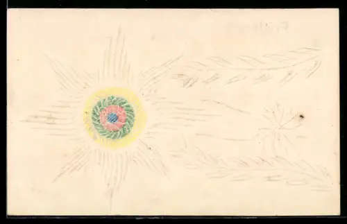 Papierkunst-AK Blumenmuster mit gelb-grün-rot-blauem Kern