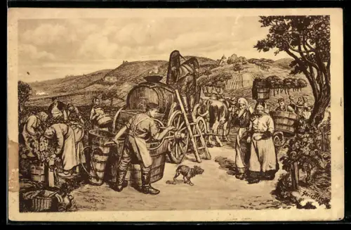 Künstler-AK sign. Strieffler: Herbst im Oberland, Weinbauer mit Erntehelfern