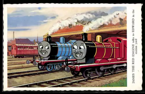 AK James the Red Engine talks to Edward in the station yard, Comic