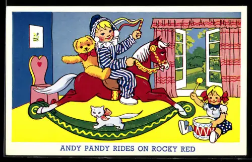 AK Comic Andy Pandy rides on Rocky Red