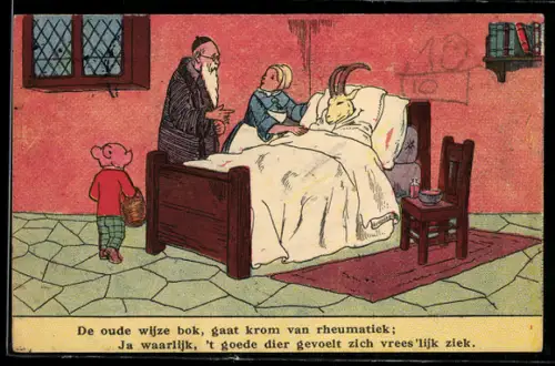 AK Comic Bruintje Beer, Arzt besucht einen kranken Ziegenbock am Bett