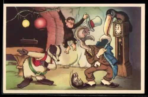 AK Comic Doremias Das, Szene in einer Höhle mit Standuhr, Maulwurf und Affe