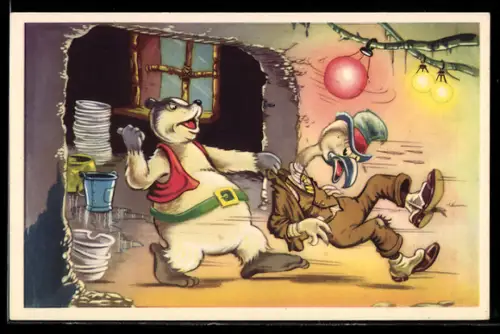 AK Comic Doremias Das, Dachs hält einen Landstreicher auf und fordert ihn zum Abwasch auf