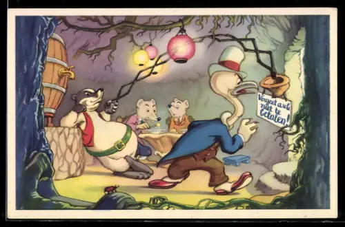 AK Comic Doremias Das, Dachs lehnt an einer Theke vor zwei speisenden Nagetieren