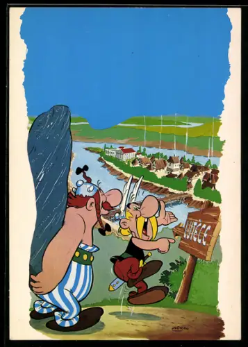 AK Asterix und Obelix mit Hinkelstein vor einem Ort, Comic