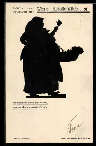 AK Wien, Ein Blumenmädchen vom Graben, genannt Die g`schoppte Flora, korpulente Dame mit Blumenkorb