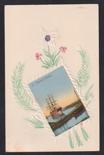 Papierkunst-AK Segelschiff an der Nordsee-Küste mit Blumen im Passepartout