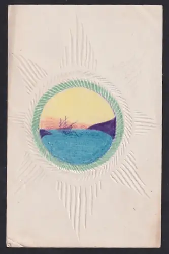 Papierkunst-AK Segelschiff zwischen zwei Ufern, Sonnenmuster im Passepartout