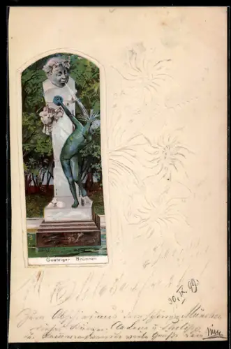 Papierkunst-AK Nahaufnahme vom Gasteiger Brunnen mit Blumen im Passepartout