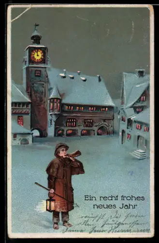 AK Nachtwächter in einem verschneiten Ort mit Horn und Laterne