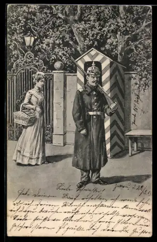 AK Hübsches Dienstmädchen sieht einen Soldaten in Uniform und mit Pickelhaube an