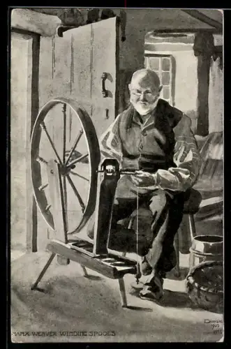 AK Alter Mann sitzt an einem Spinnrad