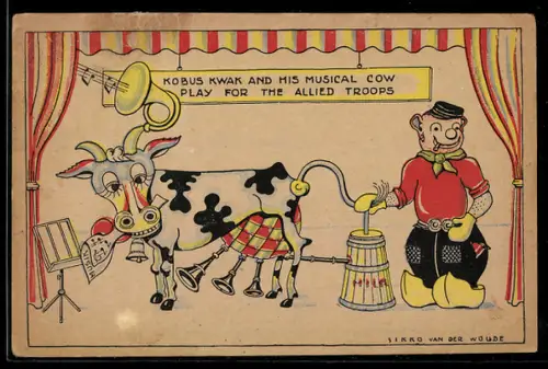 Künstler-AK sign. Sikko van der Woude: Kobus Kwak and his musical cow play for the allied troops