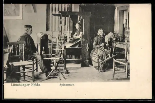 AK Drei Menschen in einer Spinnstube in der Lüneburger Heide