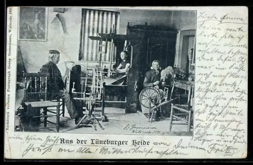 AK Drei Menschen in einer Spinnstube in der Lüneburger Heide