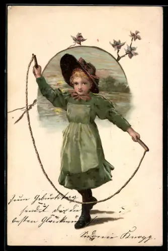 AK Mädchen im Kleid mit Springseil