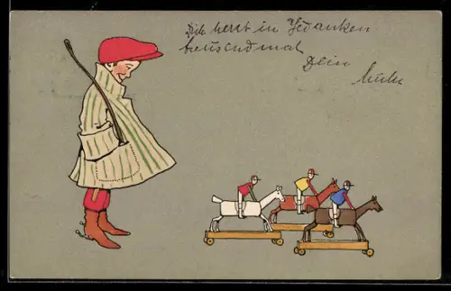 Künstler-AK M.Munk Nr.437: ein Junge beobachtet seine Spielzeugjockeys