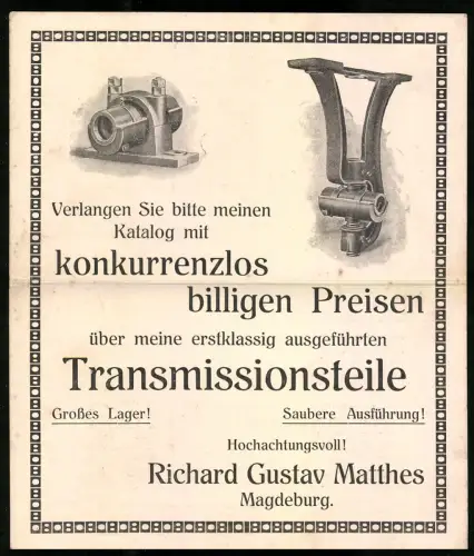 Riesen-AK Magdeburg, R. G. Matthes Rohrleitungs & Maschinenbau-Artikel, Fabrik Braunschweigerstr. 5, Transmissionsteile