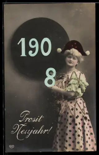 AK Jahreszahl 1908 mit hübscher Frau, die eine Acht in der Hand hält