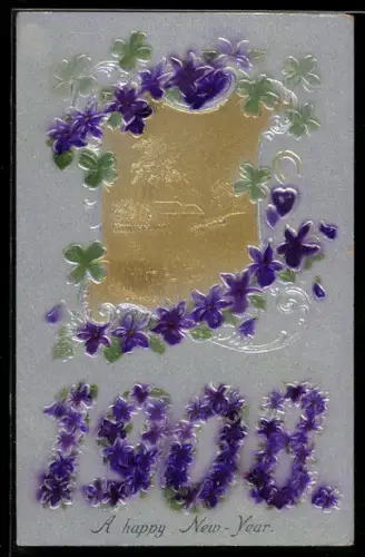 Präge-AK Jahreszahl 1908 aus violetten Blumen