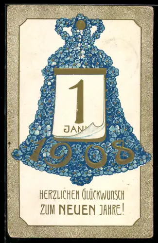 AK Blumenbild einer Glocke aus Vergissmeinnicht zu Neujahr