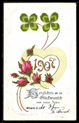 AK Jahreszahl 1907 mit Rosen und Kleeblättern