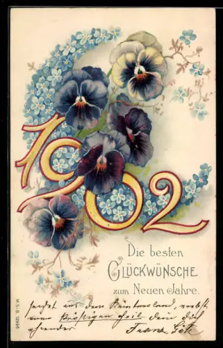 AK Jahreszahl 1902 mit Stiefmütterchen, Glückwünsche zum neuen Jahr