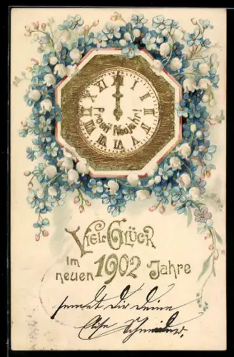 AK Goldene Uhr schlägt Neujahr an, Maiglöckchen und Vergissmeinnicht, Neujahr 1902