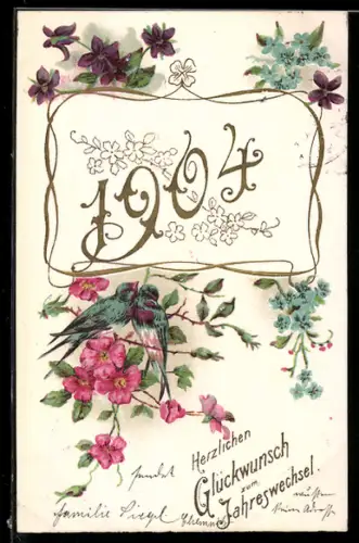AK Jahreszahl 1904 mit Neujahrsgrüssen, Blüten und Vögeln