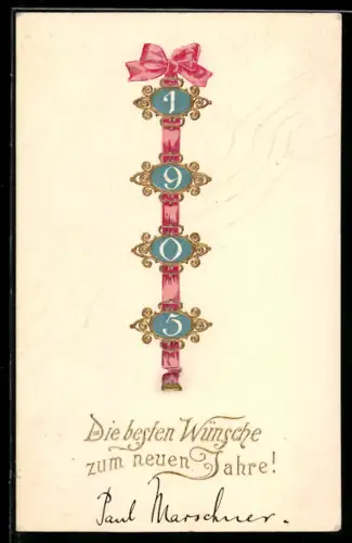 Präge-AK Jahreszahl 1905 mit Schleife an einem Band angeordnet