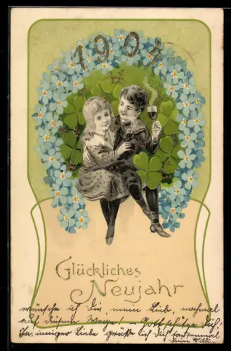 AK Glückliches Neujahr, Kinder umgeben von Glücksklee und Vergissmeinnicht, Jahreszahl 1904