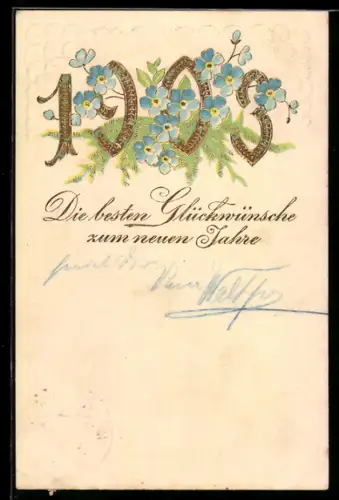 Präge-AK Jahreszahl 1903 mit Vergissmeinnicht und Neujahrgruss