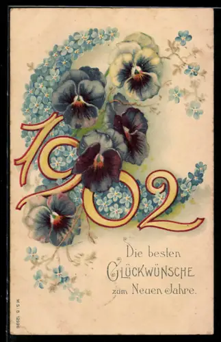 AK Jahreszahl 1902 mit Stiefmütterchen, Glückwünsche zum neuen Jahr