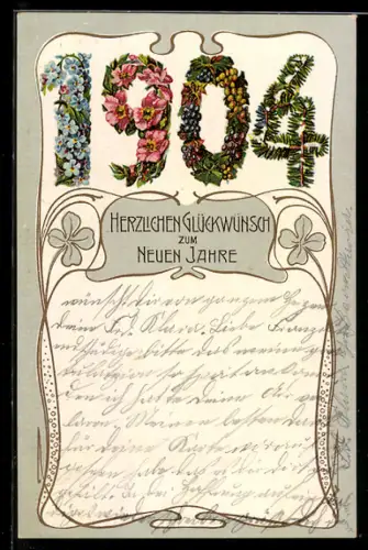 AK Jahreszahl 1904 aus Vergissmeinnicht, Tannenzweigen und anderen Blumen