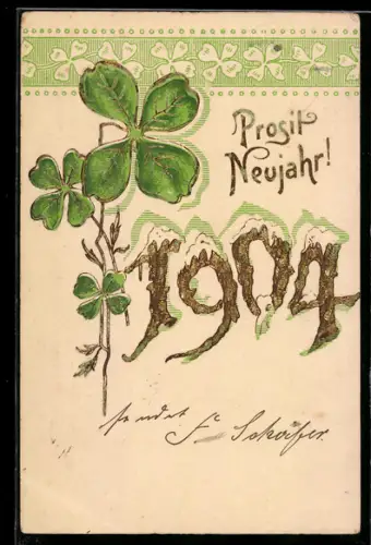 AK Vergoldete Jahreszahl 1904 mit Schnee und Kleeblättern